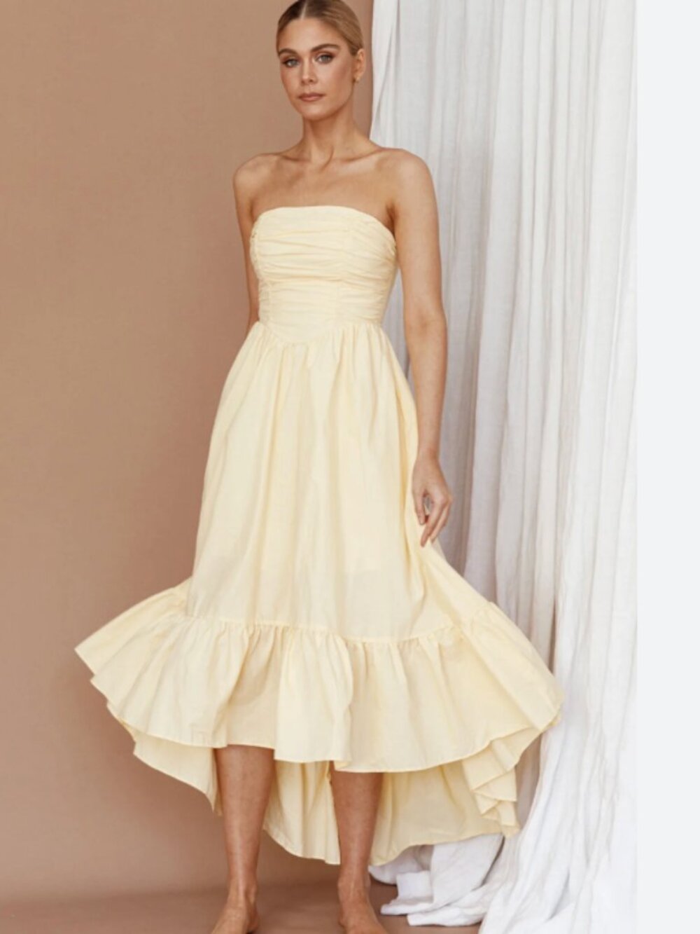 Selfie Leslie Yellow Strapless Ruched Midi Dress (NWT) - Small